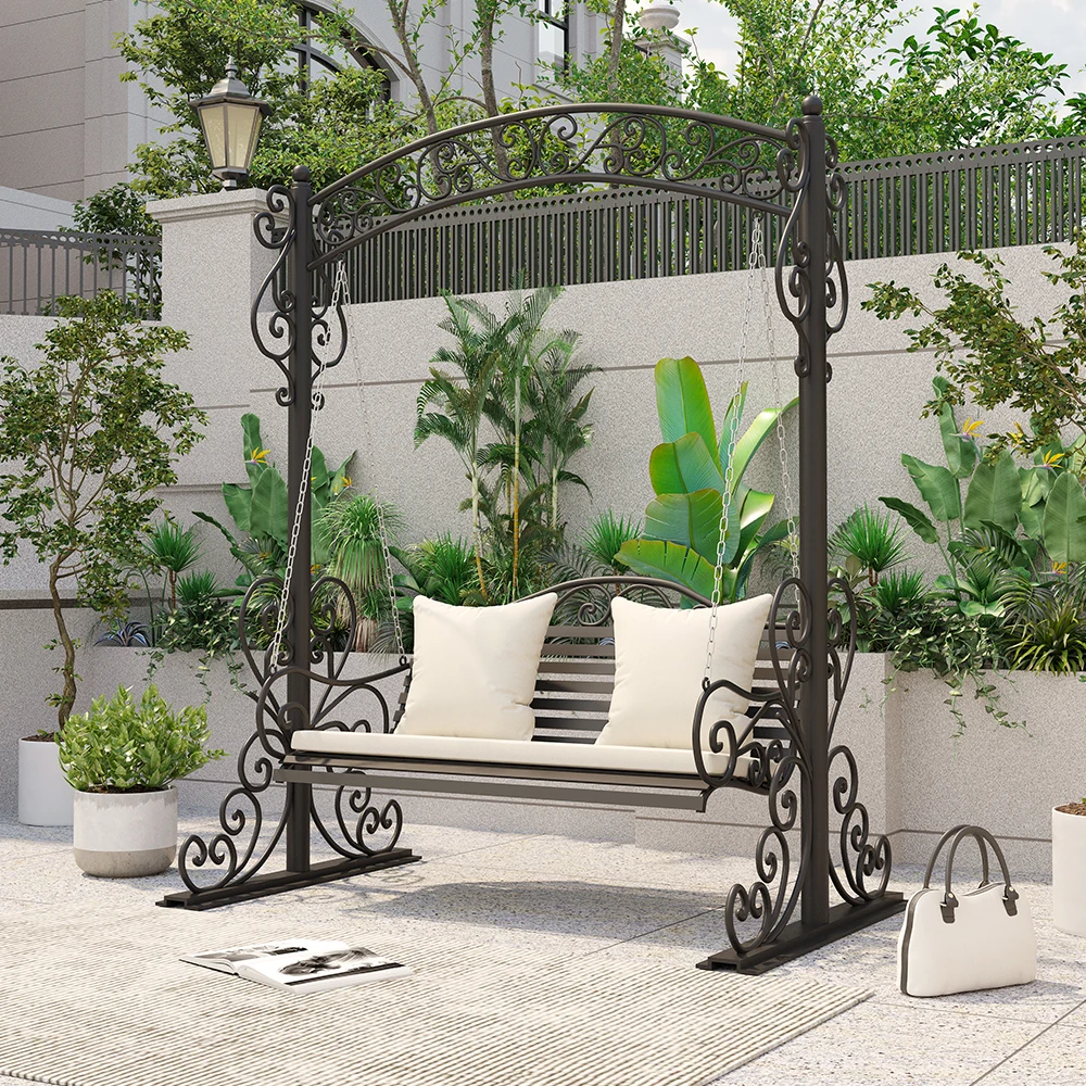 *Y- Metal Wrought Iron Outdoor Wedding Swing Chair with Stand and Cushions, All-Weather Patio Garden Swing, Factory Direct