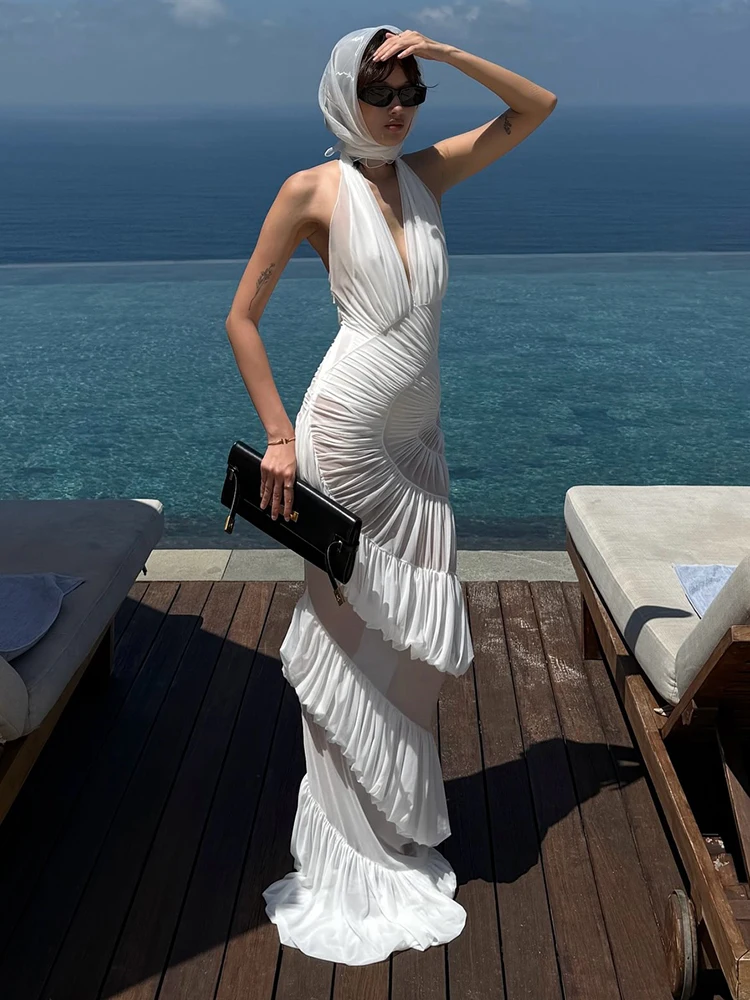 Gala Dreamy Glamour Sheer White Ruffle Halter Backless Dress para Gardem Party Sexy Dress