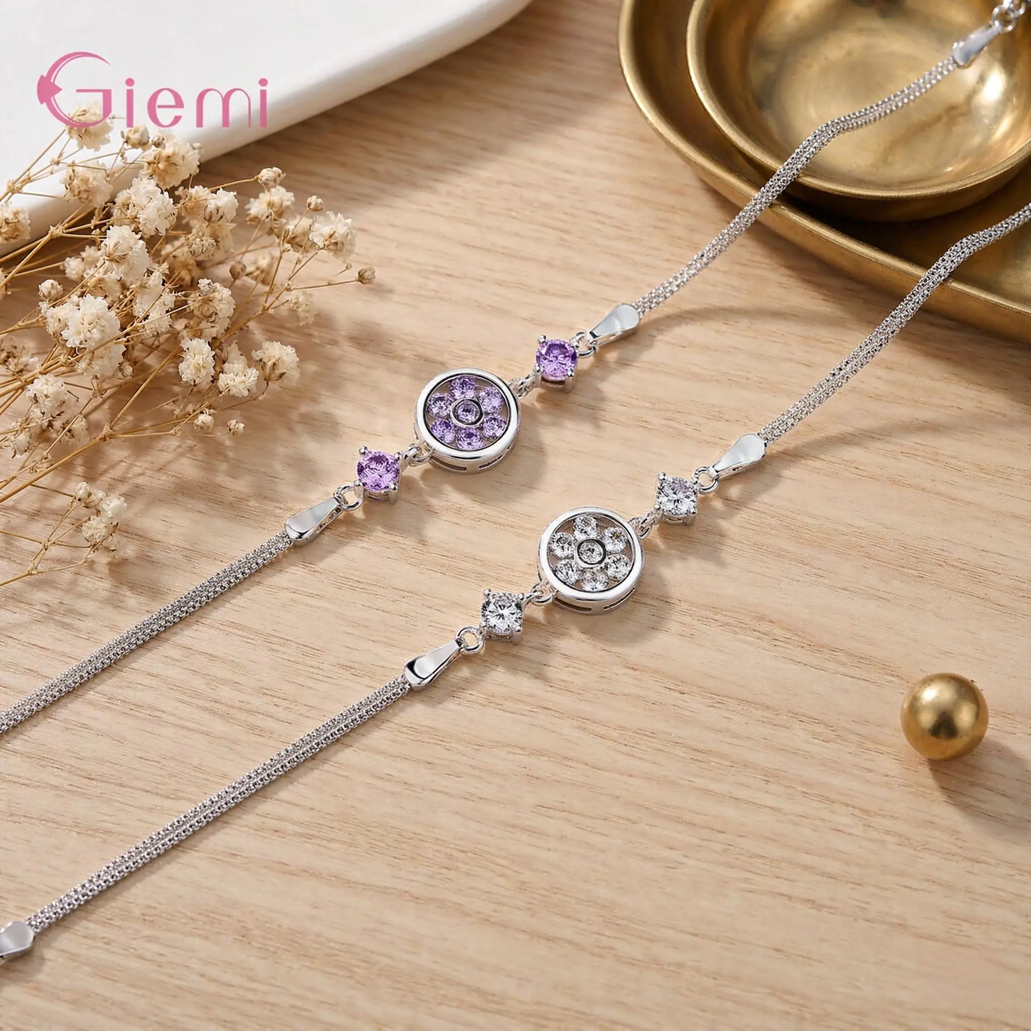 Exquisite 925 Sterling Silver Rotate Flower Crystal Zircon Adjustable Bracelet For Women Girls Anniversary Party Jewelry Gifts