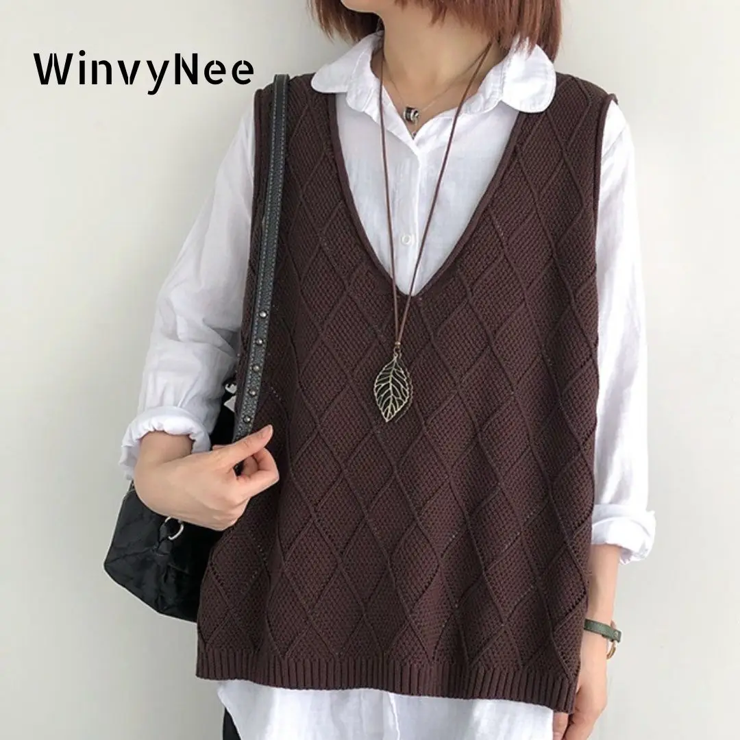 WinvyNee Women Clothing Cotton Vest Oversized Loose Big V Neck Casual Outerwears Tops Knitted Casual Sweater Autumn C1002011