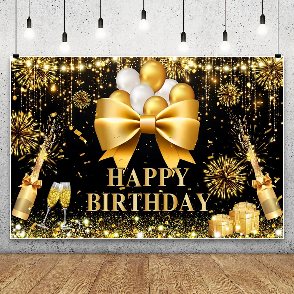 Фон с днем рождения, черные золотые воздушные шары, шампанское, декор для дня рождения, фон для фотосъемки на заказ, баннер для мужчин и женщин