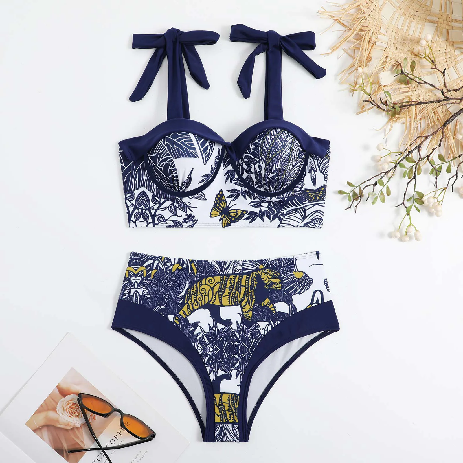 2023 Retro Push Up Women's Floral Printed Swimsuits Monokini Tummy Control Bathing Suits Bowknot V Neck Swimwear