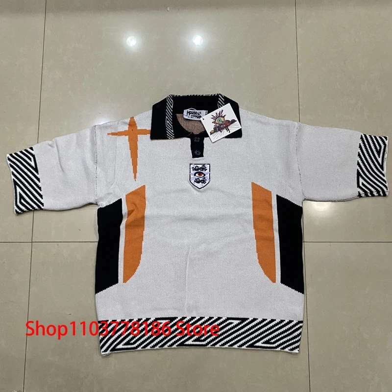 Real Photos House of Errors Sweater High Quality Polo Collar Pullover Letter Big Eyes Jacquard Knit Short Sleeve Tops