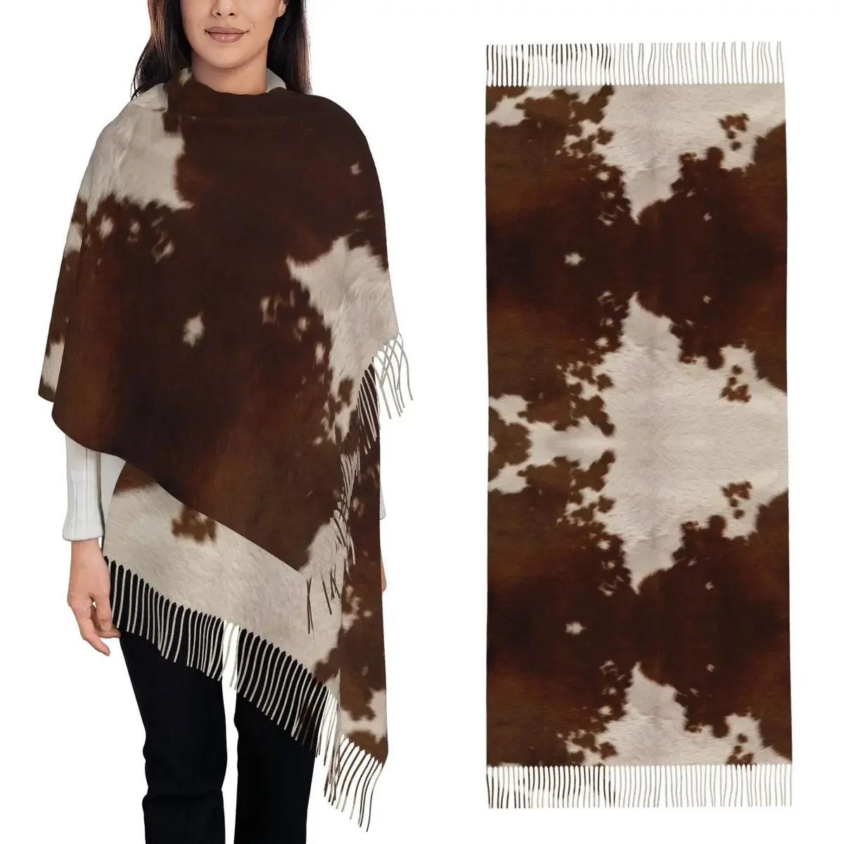 Customization Stylish Cow Fur Cowhide Texture Cow Skin Print Pattern Scarf Tassel Scarves Women Shawls And Wraps Long Fall Winte