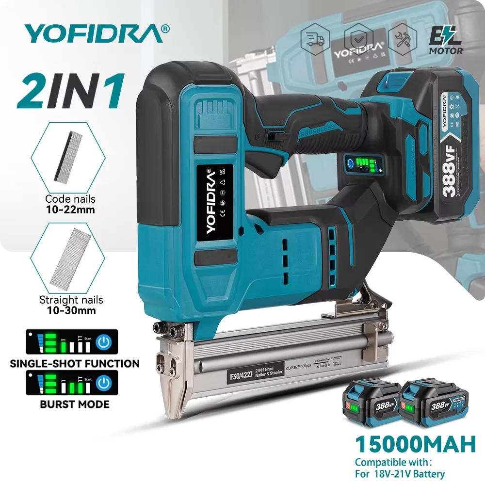 YOFIDRA Bürstenloser 2-in-1 30mm Elektrischer Nagel-/Tackerpistole, Rahmennagler, Tacker, Elektrowerkzeug für Makita 18-21V Akku