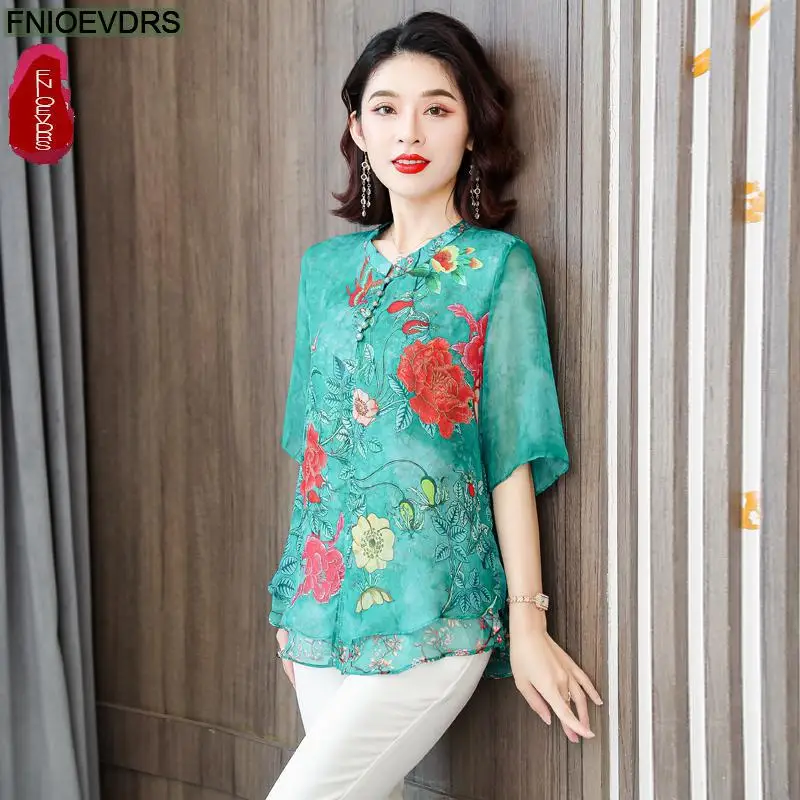 L-5XL Loose Clothes Women 2023 Summer Elegant Office Lady Stand Collar Shirts Casual Retro Vintage Floral Print Pink Top Blouses