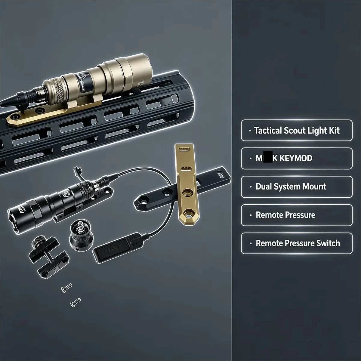 M300 M600 Scout Flashlight Kit Compatible SureFire, MK KEYMOD Dual System Mount Bracket, Remote Pressure Switch Tactical Light