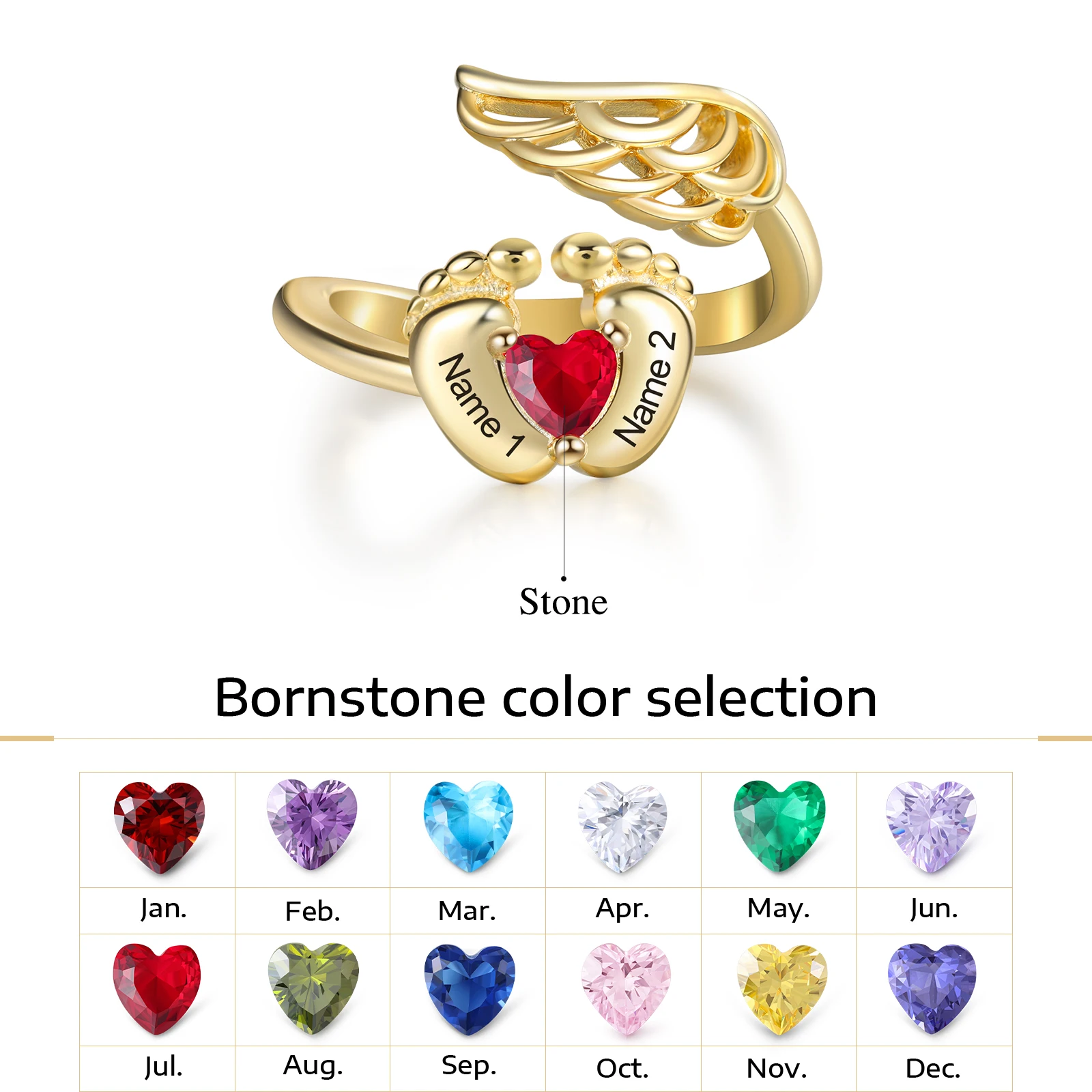 Gold Color Baby Feet & Wing Personalized Engraved Name Ring Custom Heart Birthstone Rings for Mother Anniversary Gifts for Mom