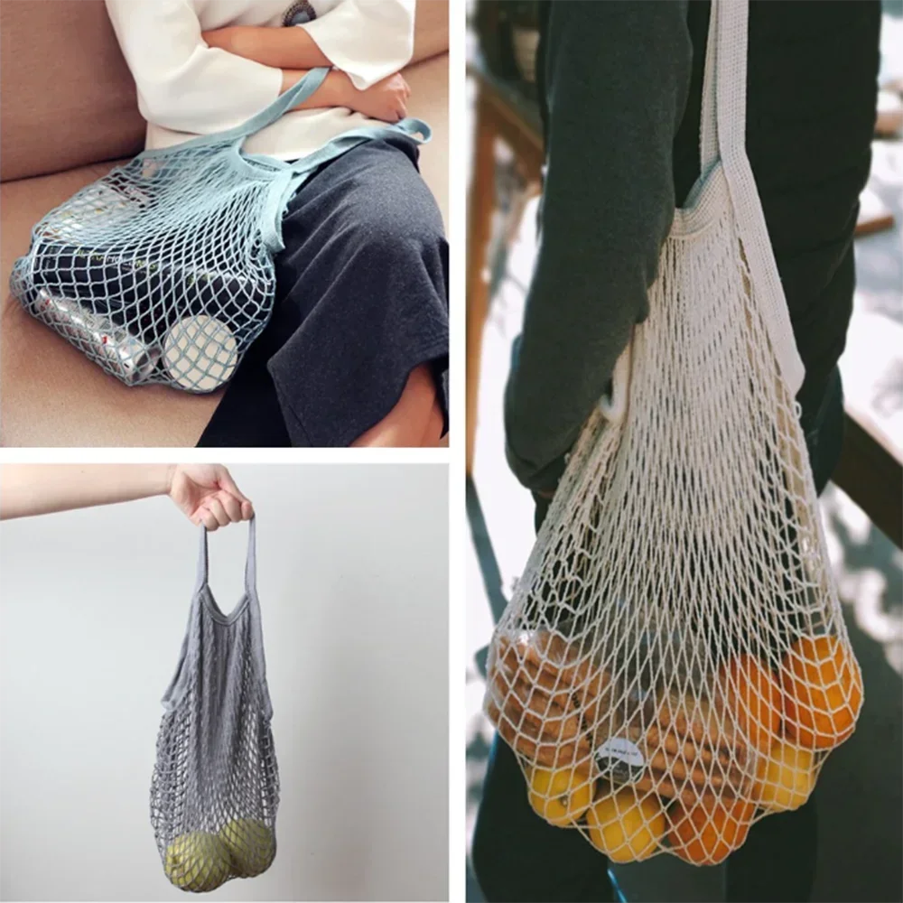 1pc Totes borsa a rete borsa per la spesa in rete di cotone borsa a tracolla a rete con manico lungo borsa riutilizzabile per la conservazione della