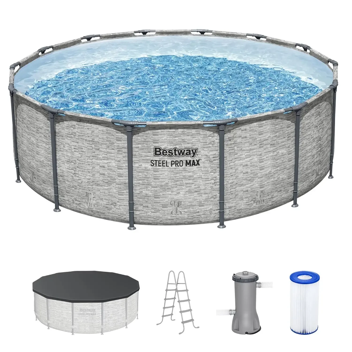 

14ft x 48in Round Metal Frame Above Ground Swimming Pool Set with Filter Pump Ladder & Cover Gray Stone Print, Custom