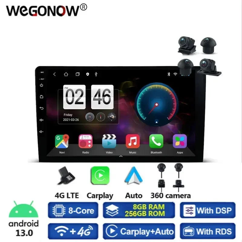 

360 Panoramic Camera Carplay 8G+256G 8Core Android 13.0 Car DVD Player Video GPS map WIFI Bluetooth 5.0 RDS Radio For Universal