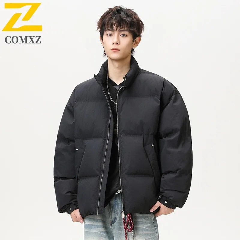 سترة COMXZ للرجال على الطراز الكوري مملوءة وياقة واقفة مريحة وسترات شتوية خفيفة الوزن ومريحة ذات لون سادة #4