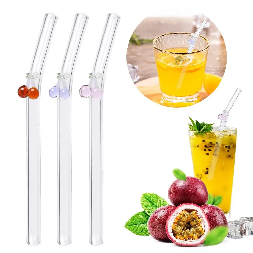 Glass Colored Cherry Glass Straws Portable Reusable Transparent Drinking Straws Juice Drink Blender Stick Drinkware