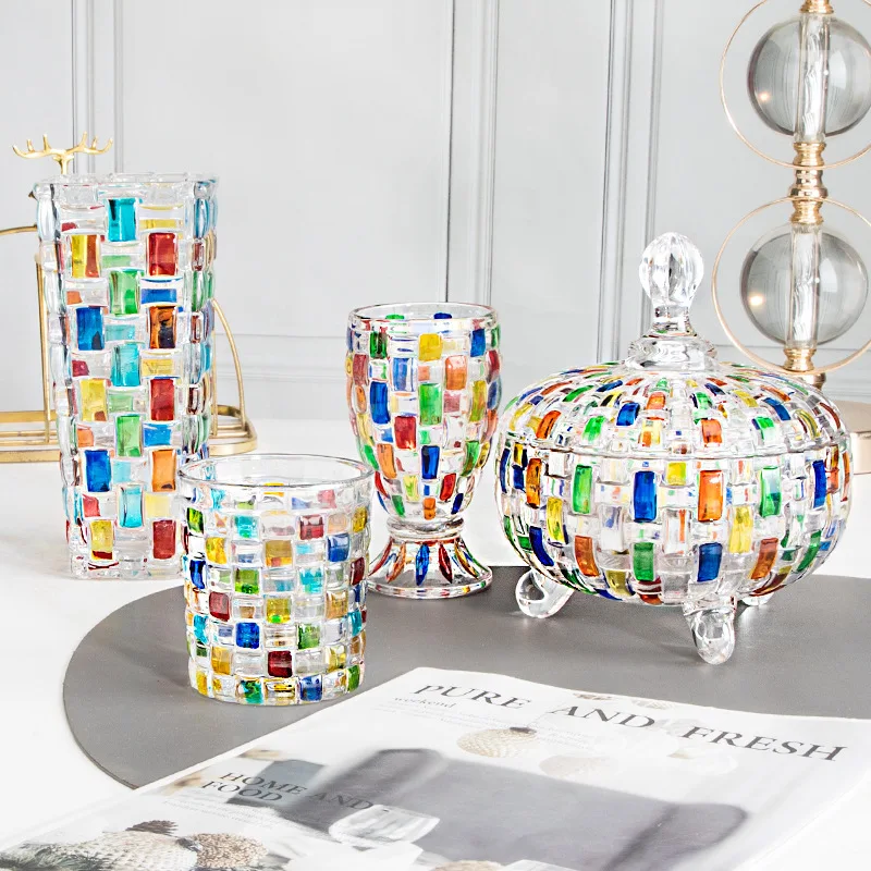 

Vintage Hand-painted Woven Pattern Fruit Tray with Lid, Candy Can, Juice Cup, Home Decoration Decoration, Stained Glass Flower