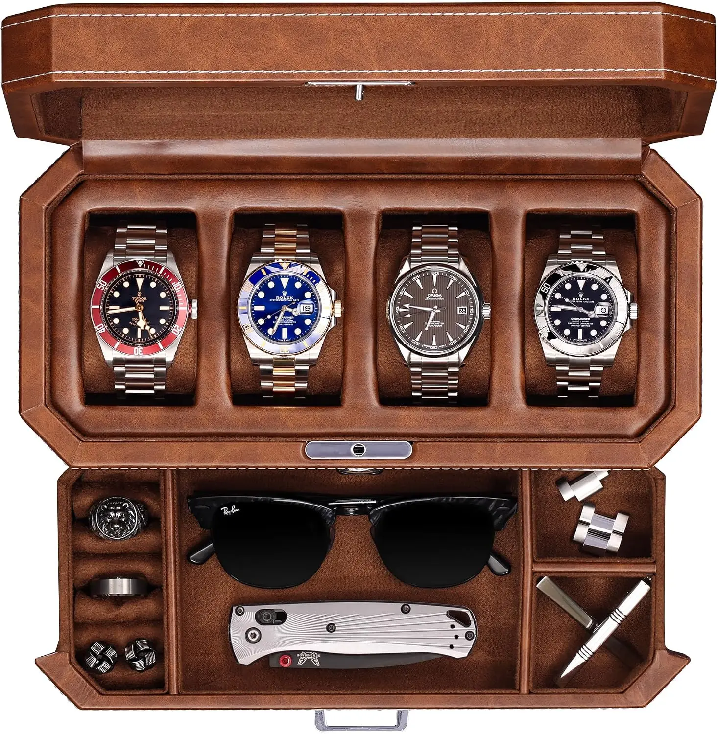 4 Slot Leather Watch Box with Valet Drawer - Luxury Case Display Jewelry Organizer, Locking Display Case Holder with Real
