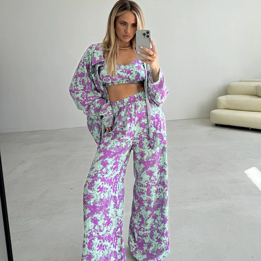 

Autumn Printed New Loose Long-sleeved Vest Underwear Long-sleeved Trousers Female Sleepwear Home Clothes 2pcs Nightwear