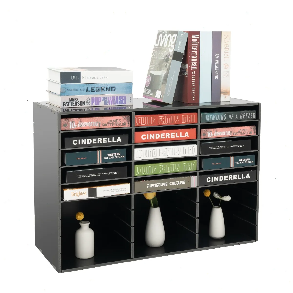 Literature Organizer, Desktop File Organiser, File Storage Rack, 27 Slot Black Document Sorter, Large Capacity File Cabinet, Adjustable Shelves, Office Bookcase for A4 Paper, Notebooks, Semi-Open Design