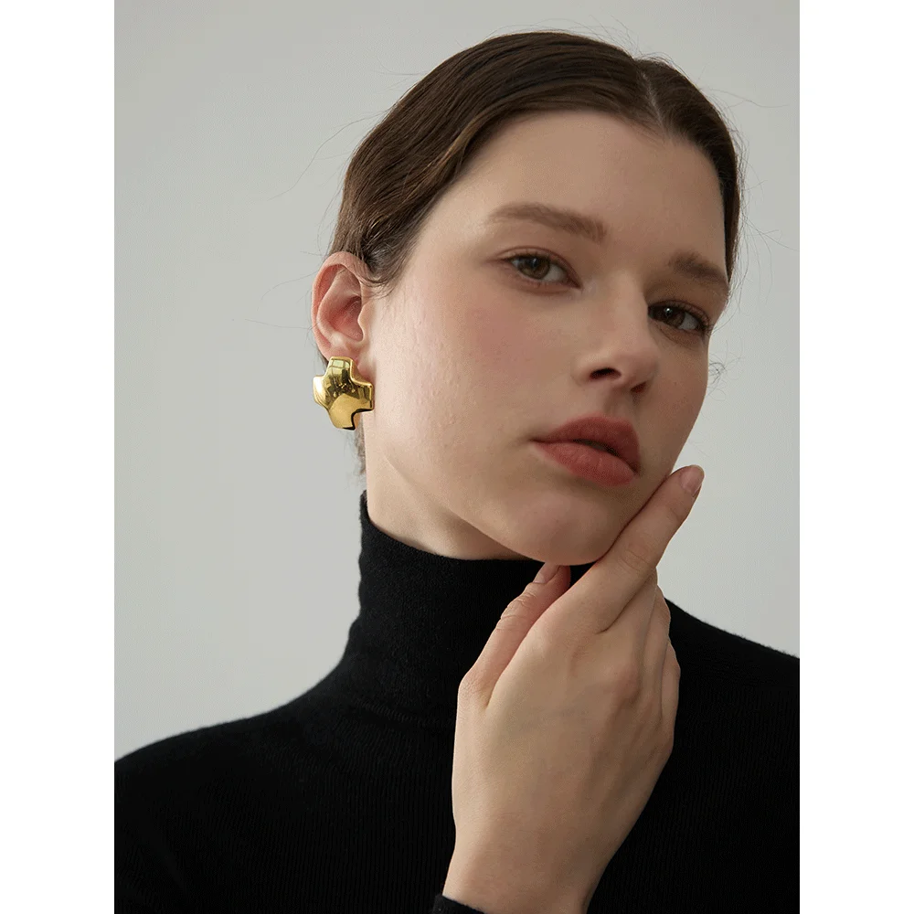 Yhpup High Quality Glossy Smooth Stainless Steel Chunky Cross Big Stud Earrings Minimalist Texture Daily Jewelry Accessories
