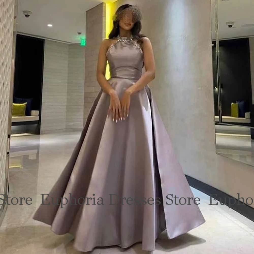 Romantic Prom Dresses for Ladies Satin A-line Formal Evening Dress Taro Pur High Collar Rhinestones/Crystals Party Gown Long