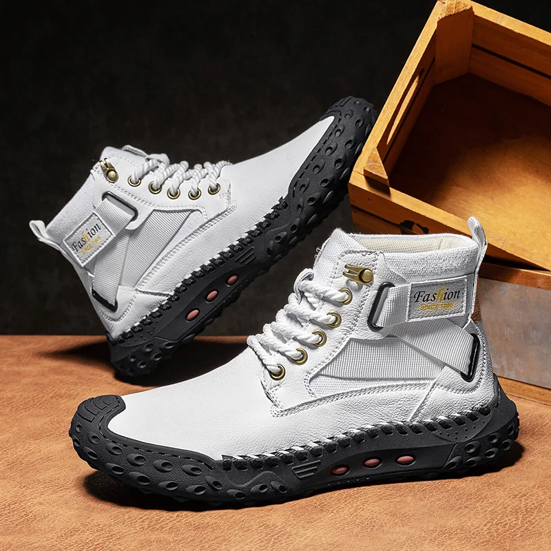 Men's Solid-Color Outdoor High-Top Lace-Up Casual Shoe Breathable And Anti-Slip Walking Boot Street Fashion High-Top Sports Shoe