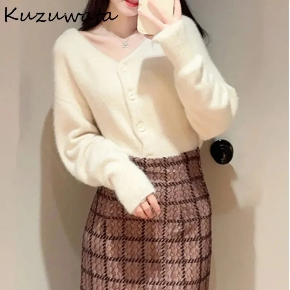 Kuzuwata Japanese New V Neck Long Sleeve Tops All-match Single Breasted Solid Casual Cardigan Knit Elegant Sweet Woman Sweaters