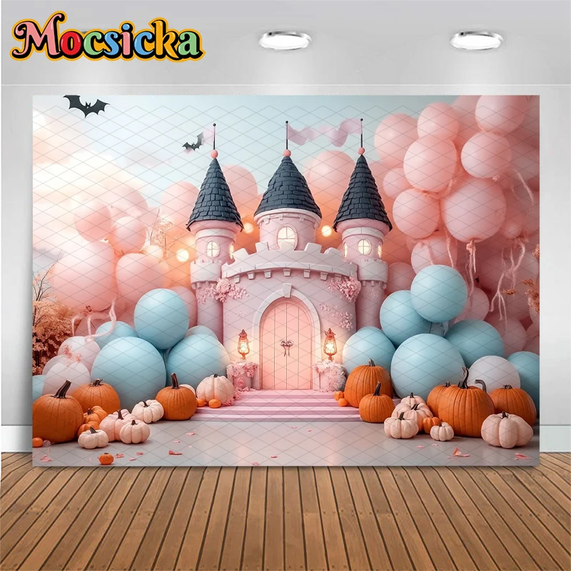 Mocsicka Halloween Fotografi Latar Belakang Balon Merah Muda Kastil Labu Dekorasi Pesta Baby Shower Anak Laki-laki Anak Perempuan Foto Latar Belakang Wallpaper