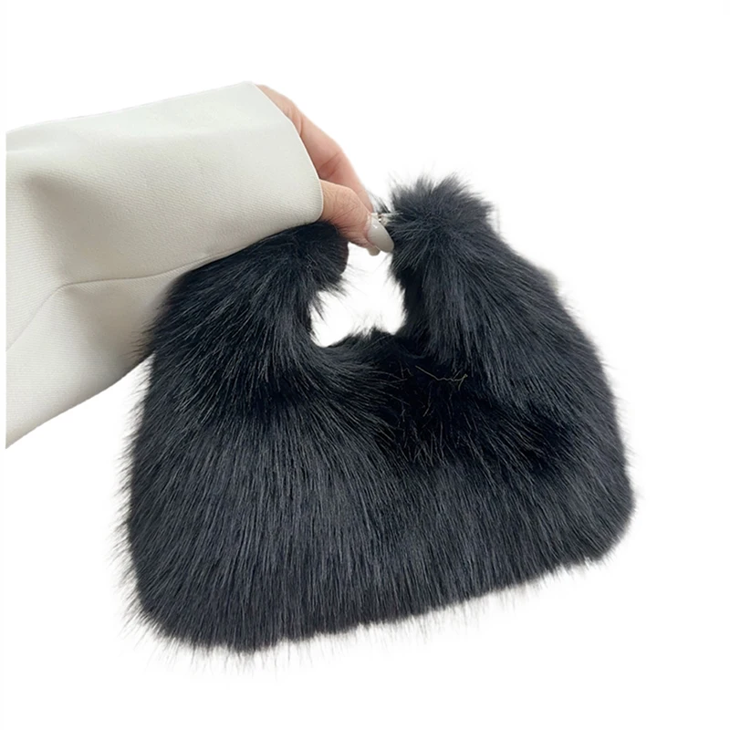 Simple Design Women Soft Plush Hobos Shoulder Bags Winter Furry Ladies Clutch Purse Handbag Fashion Female Underarm Evening Bag