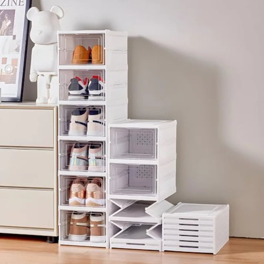 

Drop Front Shoe Storage Box No Assembly Stackable Shoe Organizer Storage Bin with Clear Door Free Standing Shoe Shelf Cabinet w