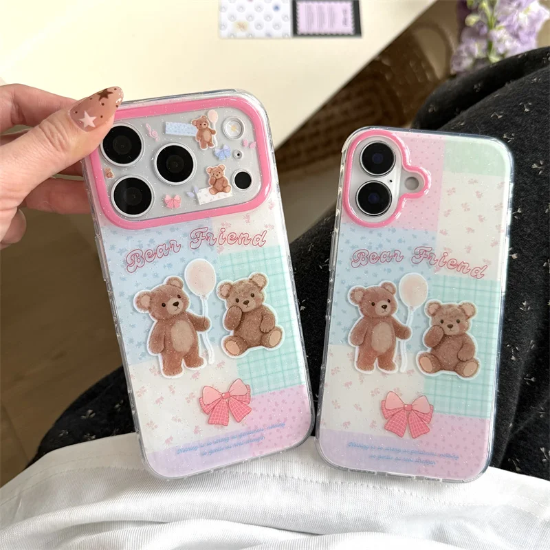 

Aesthetic Pastel Plaid Teddy Bear Phone Case For iPhone 17 16 15 14 Pro Max Cute Glitter Bow Protective Cover for Women