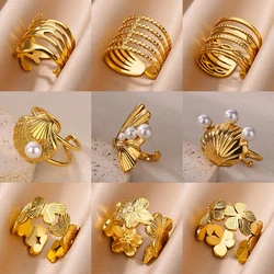 Stainless Steel Flower Rings for Women Gold Color Shell Starfish Multi Layer Hollow Out Ring Fashion Charm Jewelry Wedding Gifts