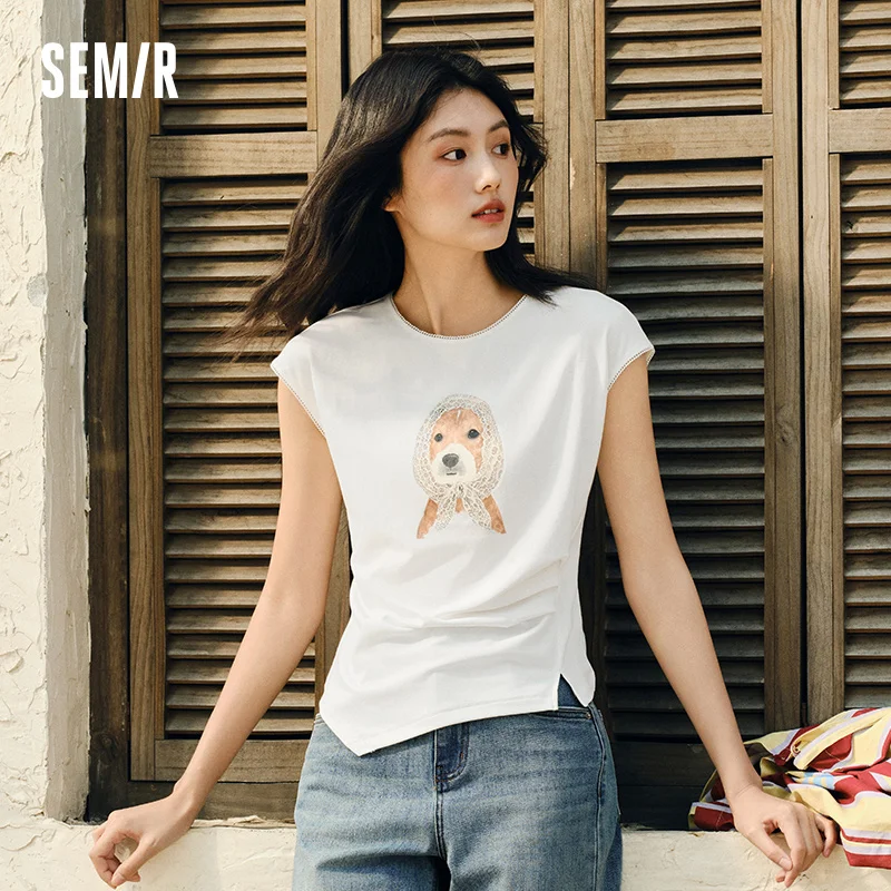 

Semir Short-sleeved T-shirt Women 2025 New Summer Lace Beagle Fun Puppy Top Short Style Slim Fit