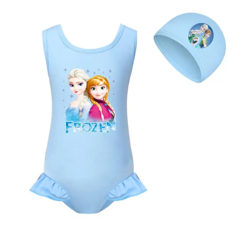 Disney Kawaii Frozen Anime Elsa Swimwear Swimming Cap Set Cute Anna Summer Conjoined Body Cartoon Swimsuit Girl Kids Gift