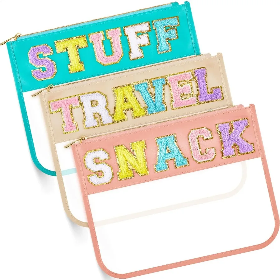 

3 Pcs Chenille Letter Zipper Pouch for Travel Clear Snack Bags Waterproof Cosmetic Pouch Nylon Gym Beach Multipurpose Makeup Ba