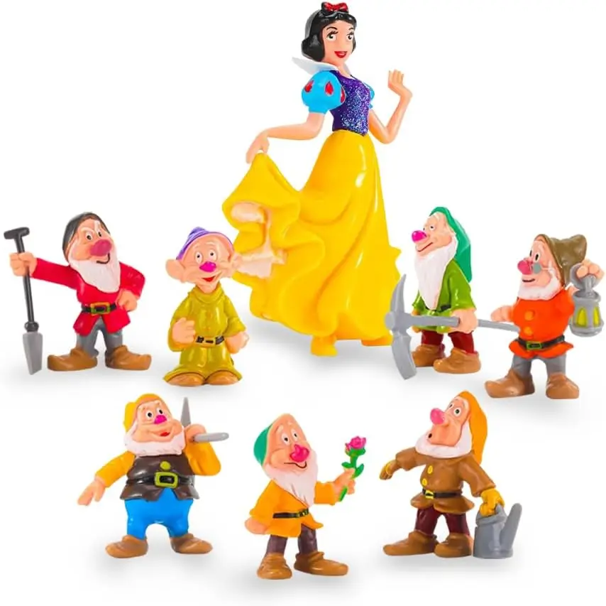 تماثيل صغيرة على شكل سنو وايت والأقزام السبعة - مجموعة مكونة من 8 قطع من تماثيل الأميرة مع جميع الأقزام السبعة - قطعة علوية لكعكة الأميرة مثالية لـ
