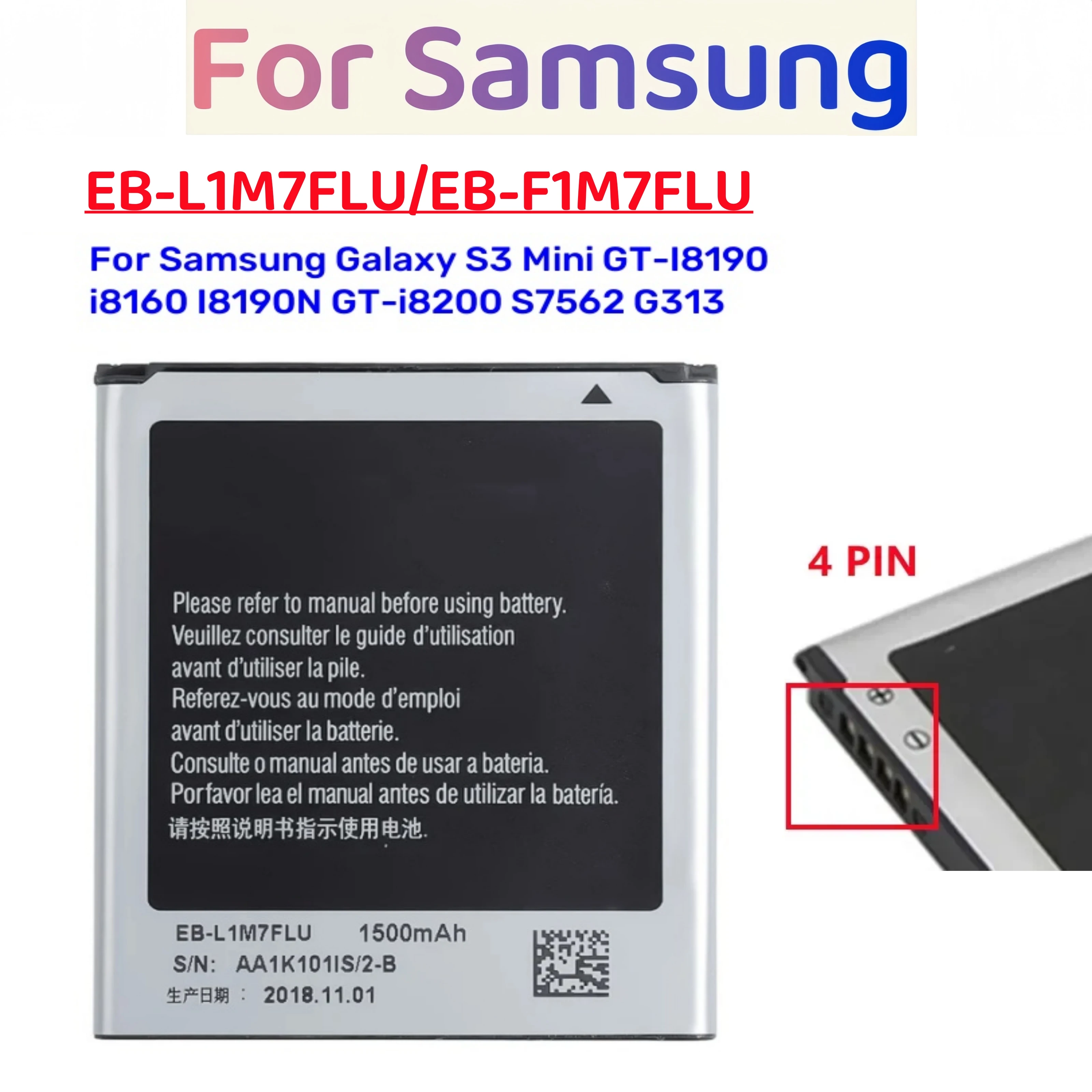 EB-L1M7FLU EB-F1M7FLU 1500mAh Battery For Galaxy S3 Mini GT-I8190 i8160 I8190N GT-i8200 S7562 G313 3PIN 4PIN