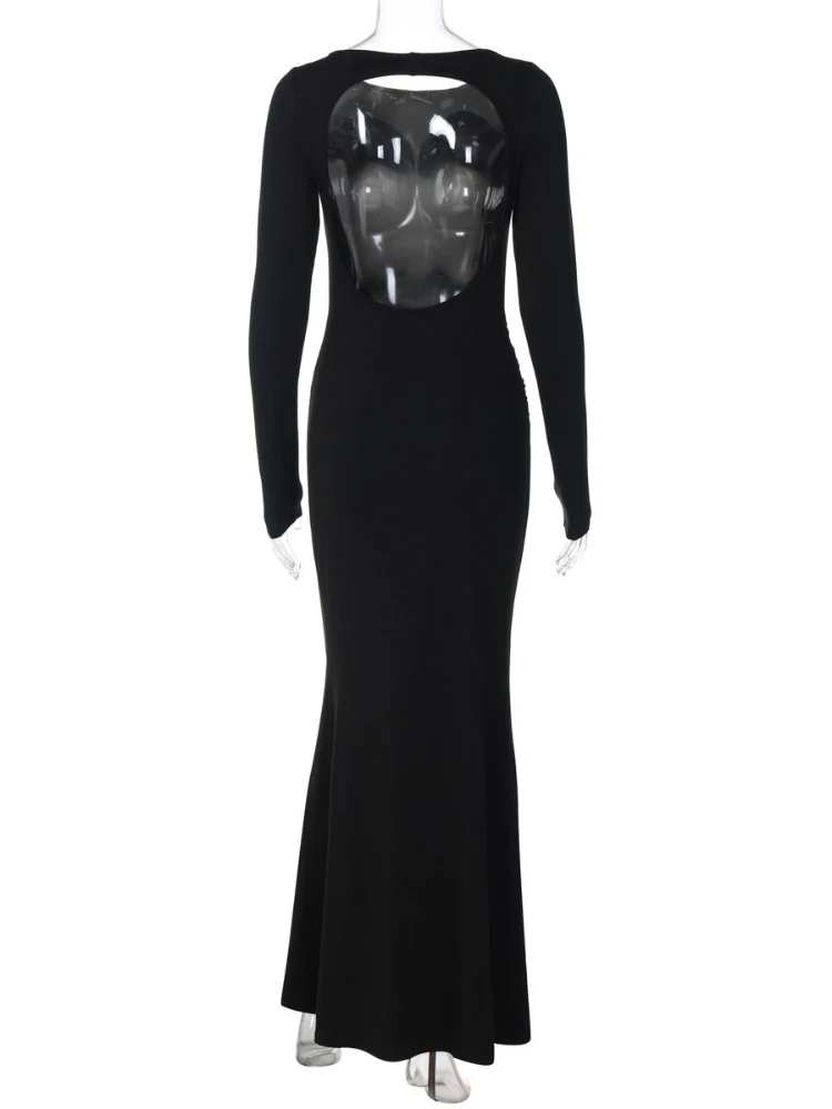 FDYOUI Sexy Aushöhlen Rückenfreies Schwarzes Kleid Party Outfit Frauen Elegante Volle Hülse Bodycon Cut Out Schlanke Lange Abendkleider