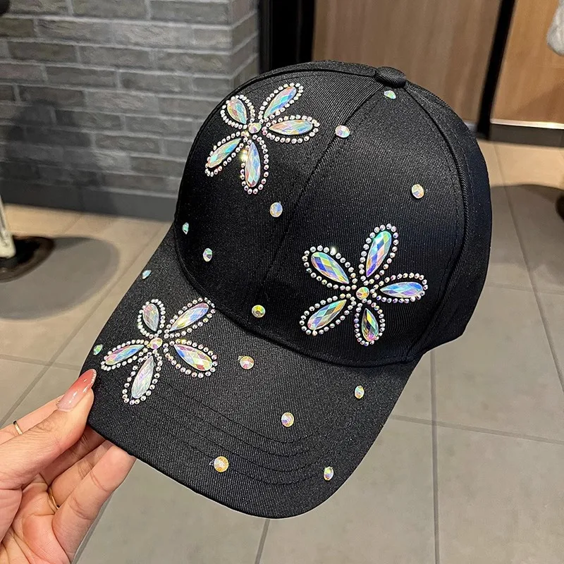 Flor Rhinestone Boné de beisebol, sol-sombreamento, outdoor outing, pato língua, rua, Hip-Hop, ajustável rebote cap, moda