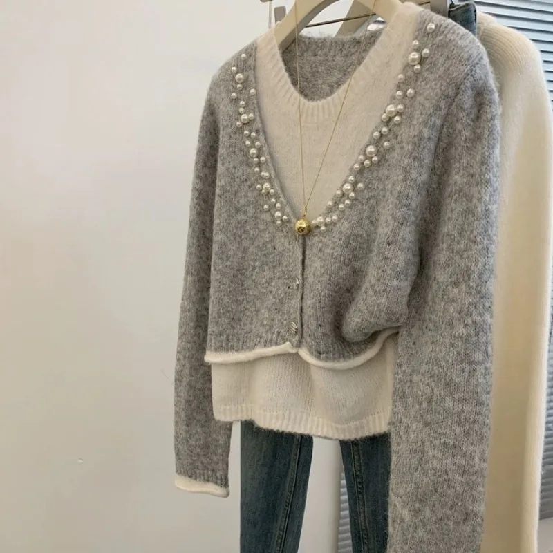 Matakawa Grey Fake 2 Pieces Women Sweaters Contrast Color Beading Autumn Winter Pull Femme Korean Fashion Chic Pullovers