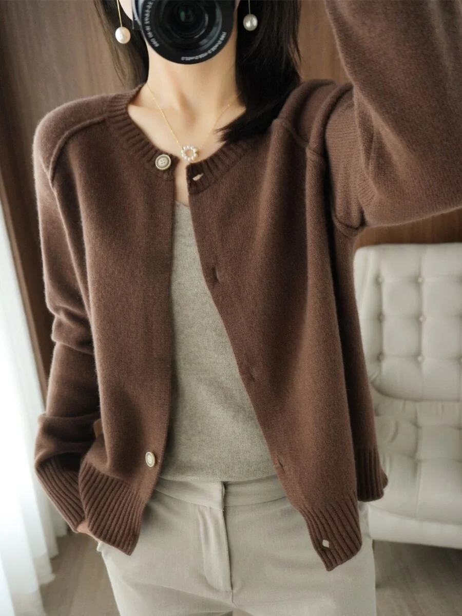 Faionable malha solta redonda Ne Open Cardigan suéter feminino pequeno agasalho outono marca superior botão commute Sle longo...