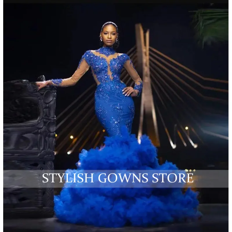 エレガントなプロムドレス ビーズアップリケ袖 ローブ・ド・ソワレ ゴージャスなブルー 豪華なフリル パフスリーブ イブニングドレス ページェントガウン マーメイド