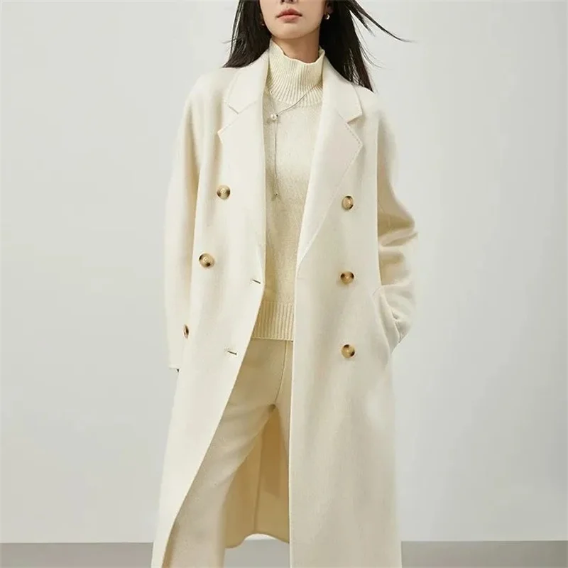 

2025 двустороннее пальто из 100% шерсти, женское длинное двубортное элегантное свободное кашемировое зимнее пальто