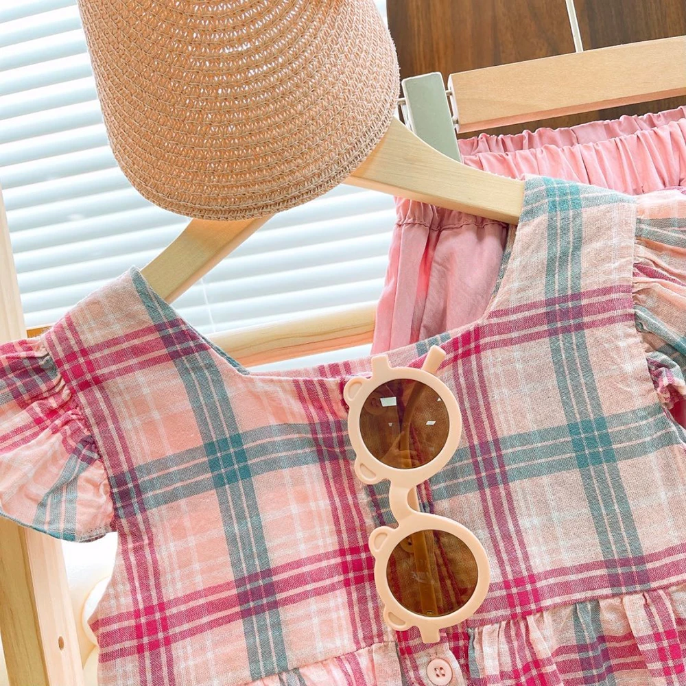 Bear Leader Summer Girl Pink Checkered Short Sleeved Top+solid Wide Leg Pants Two-piece Set for Children\'s Casual Clothing