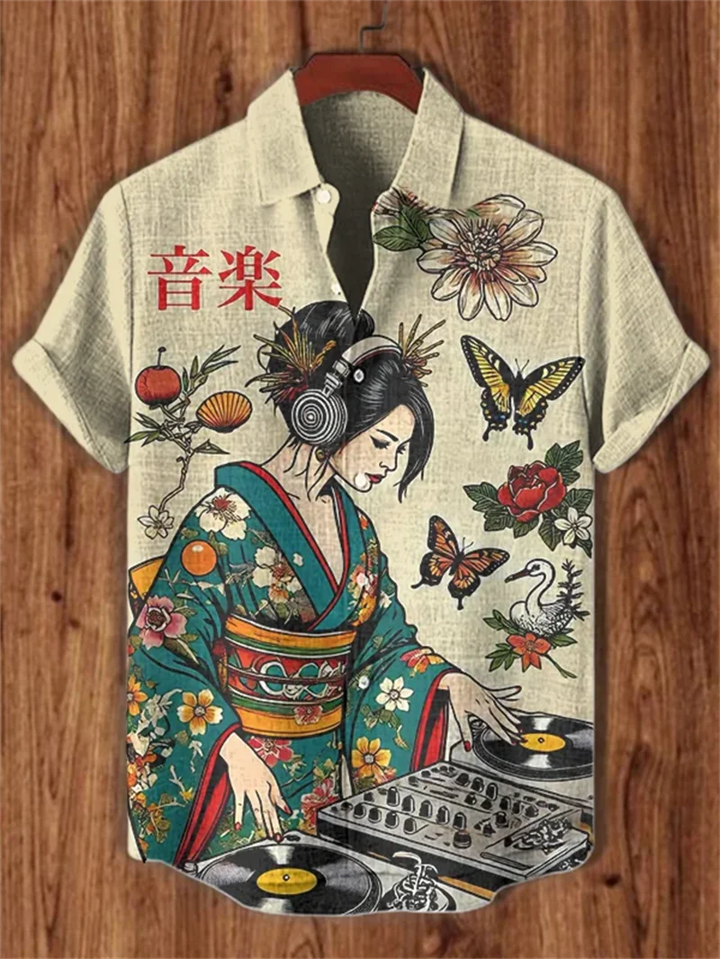 New men's linen art style note printed short sleeved shirt Japanese geisha DJ butterfly printed short sleeved shirt