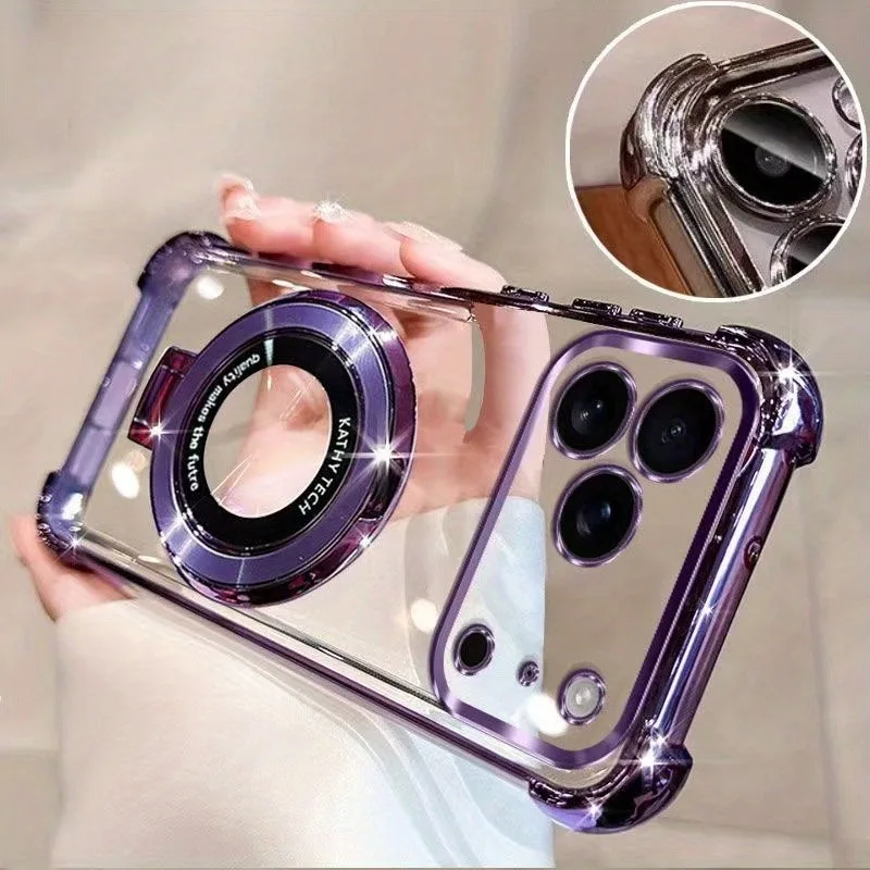 Premium Transparent Magnetic TPU Cover for iPhone 17 16 15 14 13 12 11 Pro Max 16 Plus 17 Air With Ring Stand Plated Clear Case - náhled 2