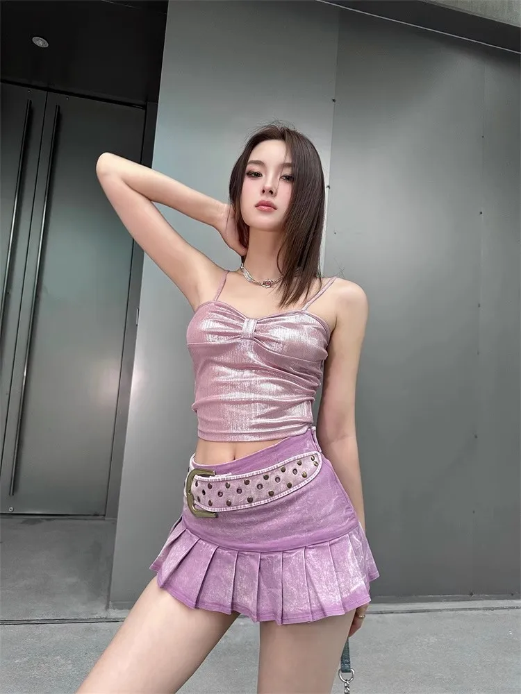 REDDACHiC Barbiecore Fairy Metallic Top Women Camisole Glitter Pink Sleeveless Short Corset Tube Top Aesthetic Y2k Streetwear