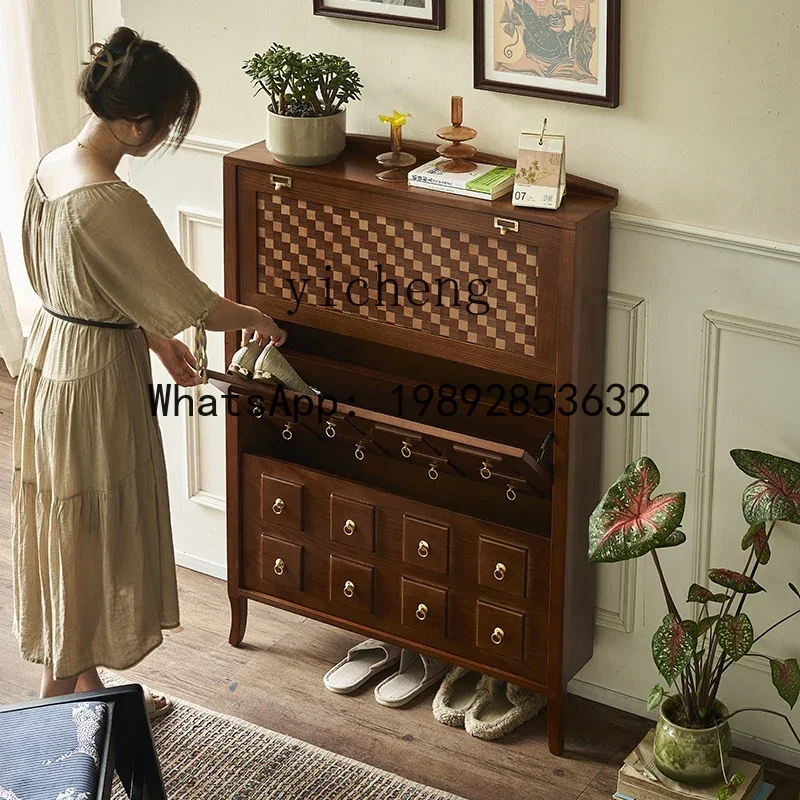 retro tipping bucket shoe cabinet solid wood ultra-thin household door entrance entrance cabinet storage cabinet
