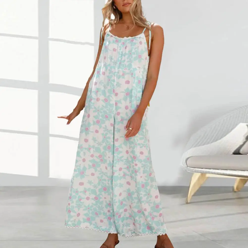 

Summer Elegant Long Jumpsuit Lace-up Flower Print Wide Leg Straight Women Jumpsuit Vacation Beach Jumpsuit monos para mujer