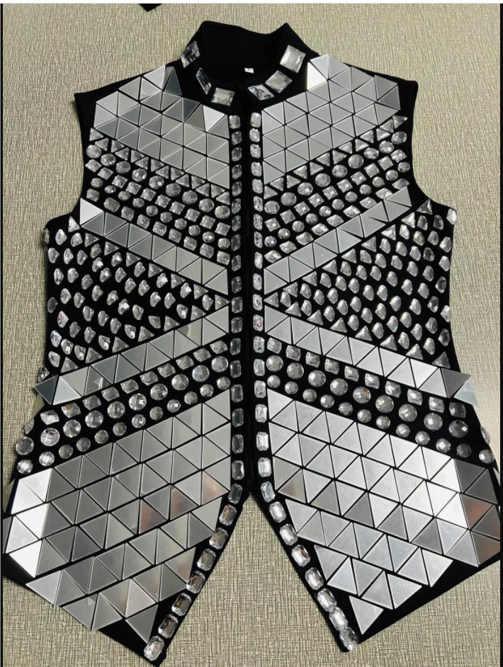 Glitter Mirror Rhinestone Waistcoat Sequin Crystal Vest Coat For Male Singer Bar Concert Stage Performance Drummer Dance Costume