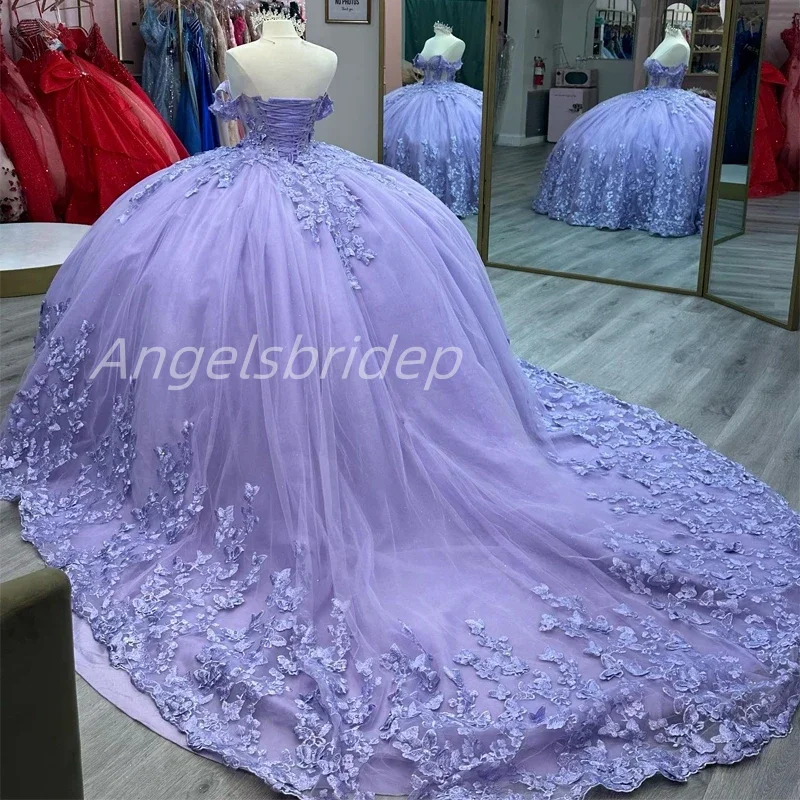 Angelsbridep Maßgeschneiderte Lila Ballkleid Quinceanera Kleider 2025, Applikationen, schulterfrei, Abendkleid, Vestido De 15 Años