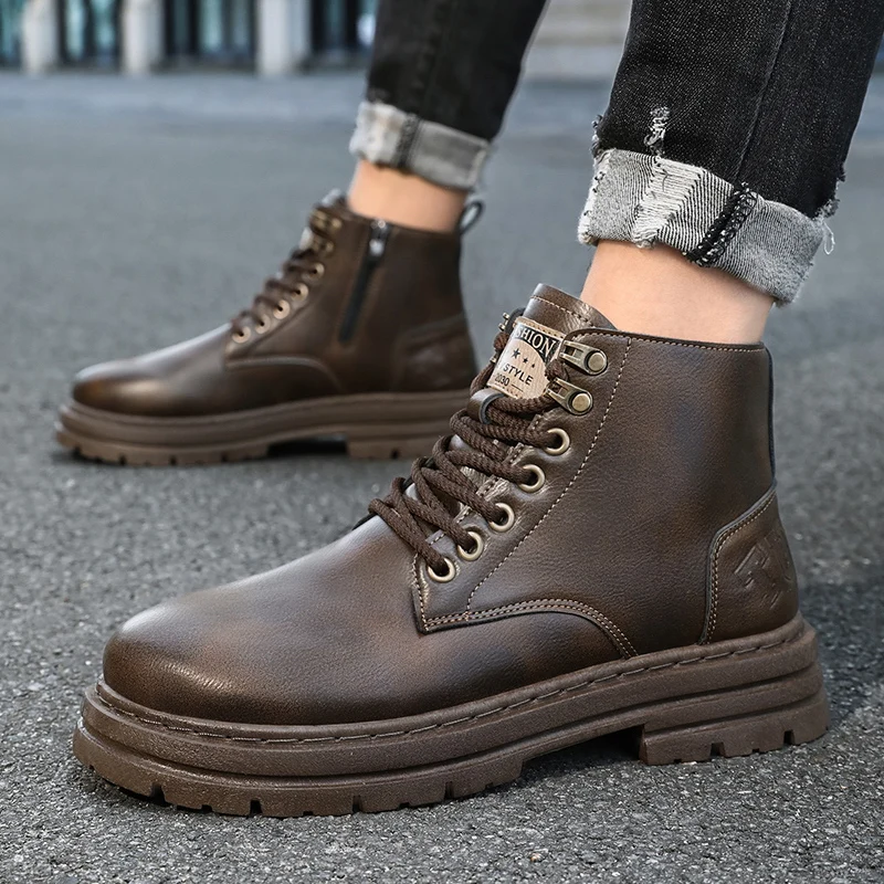 Men\'s boots four seasons soft-sole non-slip casual boots fashion outdoor work boots high boots classic Joker youth leather boots